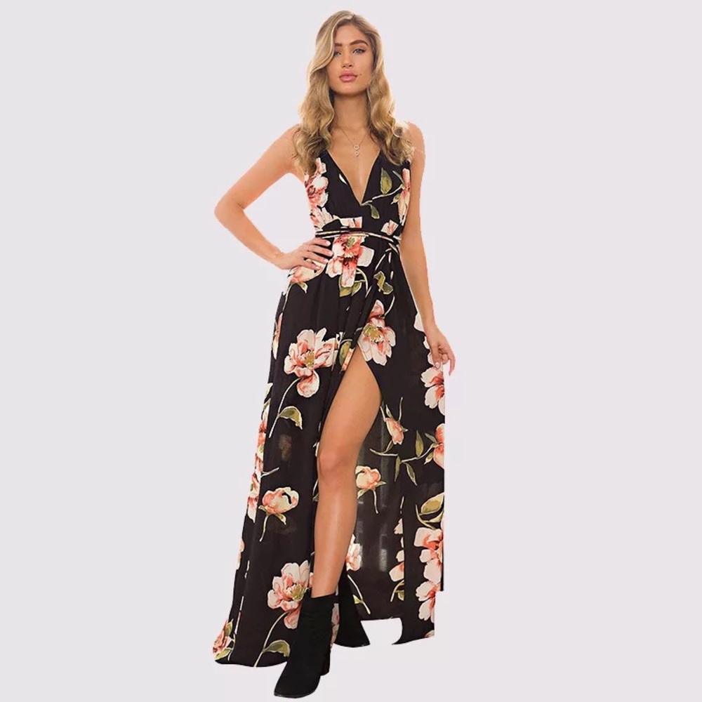 NEW Black Floral V-neck Crossback Strap Maxi Dress - Picture 2 of 8